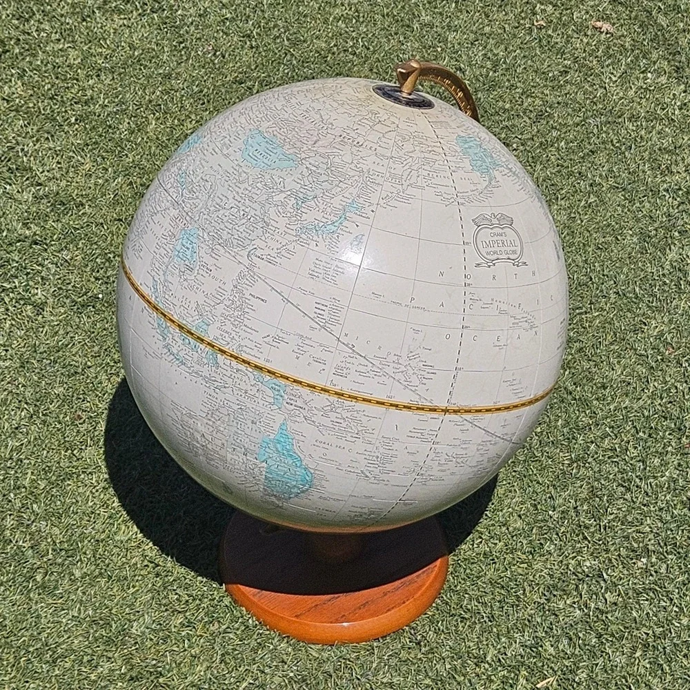 Crams Imperial World Globe Vintage Cream Map Wood Base Brass Meridian USA - Picture 2 of 8